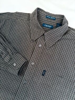 IZOD Men's Brown Micro Tartan Button Down Shirt 100% Cotton Size XL